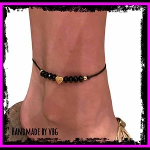 🆕 Gold Heart & Black Beaded Hemp 9k Gold Anklet